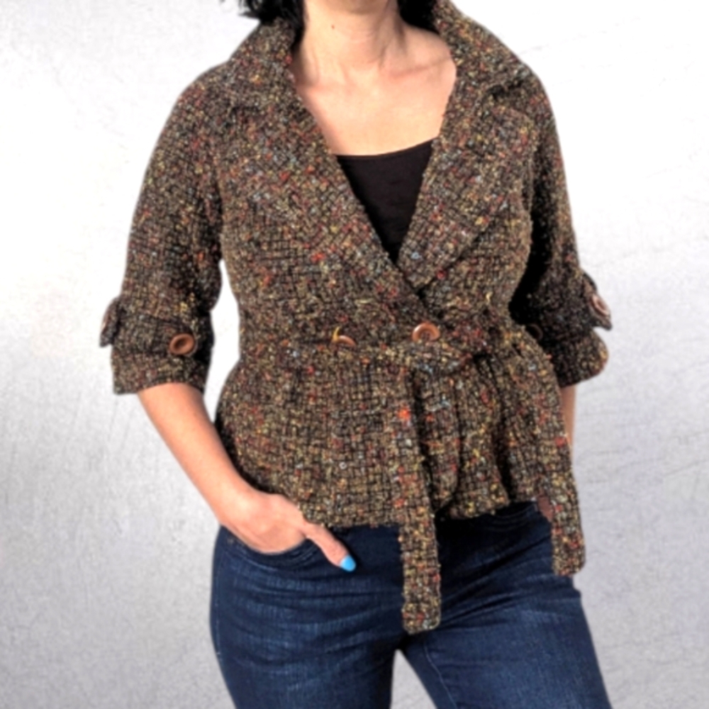 LOVE STITCH Cropped Tweed Frilly Peplum Blazer